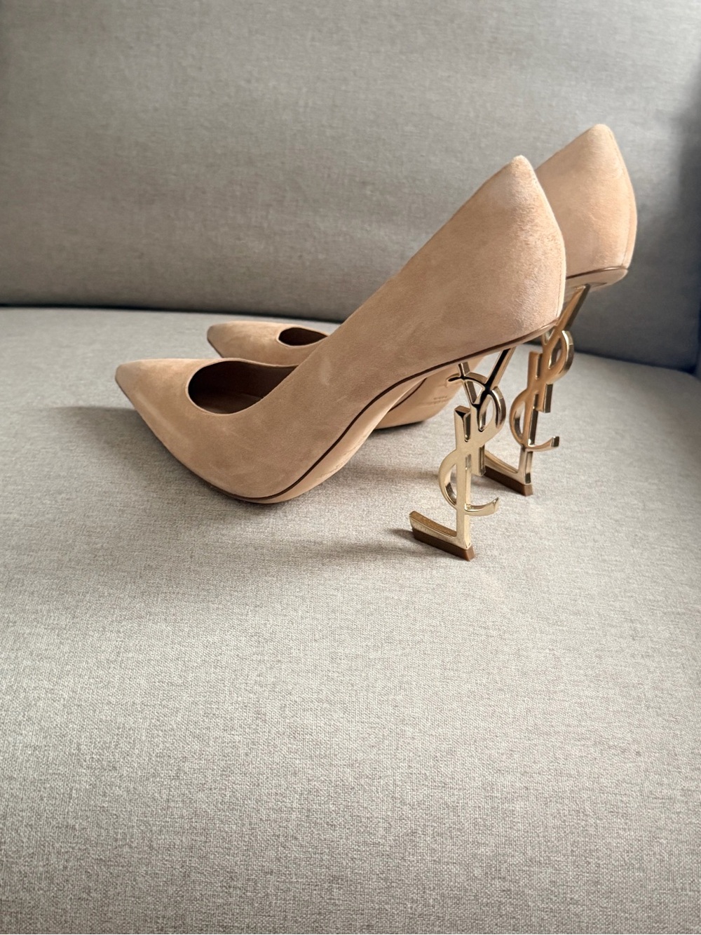 Saint Laurent Nude Suede Opyum Pumps with Gold YSL Heels